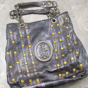 VINTAGE ED HARDY Christian Audigier Metallic Gray Bag with Yellow Accents